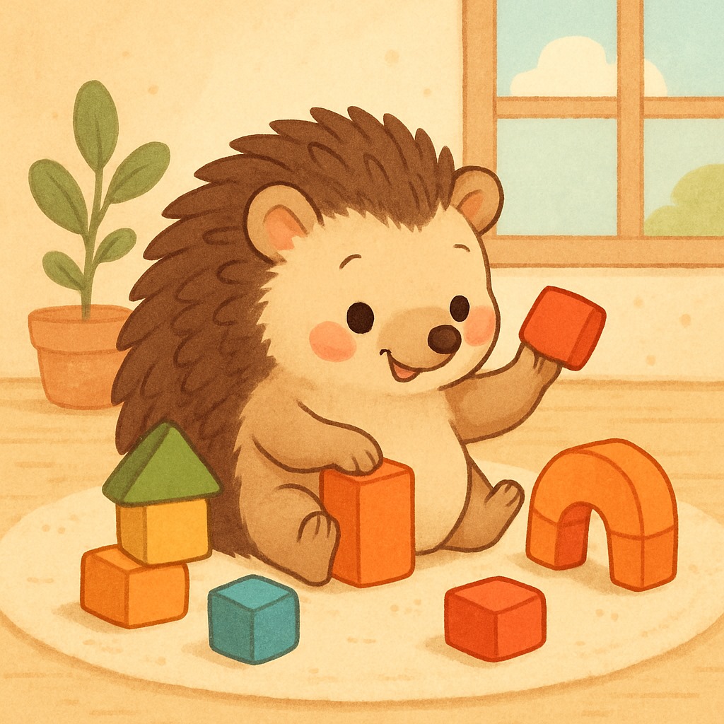 Voorbeeld van een dagritmekaart met een egel die met blokken speelt